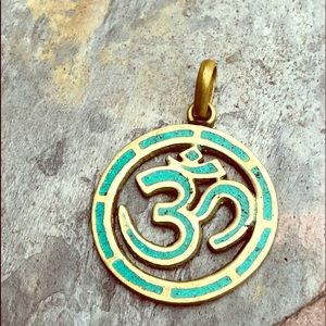 Large Brassy Tone Ohm Pendant w/turquoise inlay